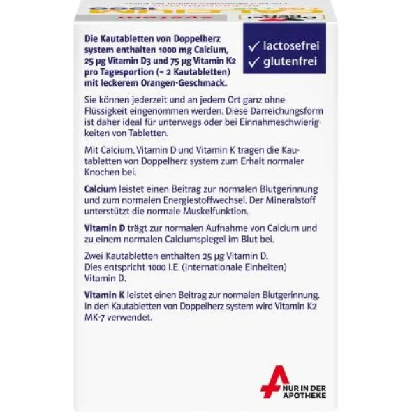 DOPPELHERZ Calcium 1000+D3+K2 system Kautabletten 60 St
