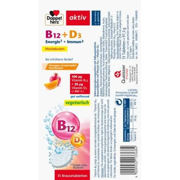 DOPPELHERZ Vitamin B12+D3 Brausetabletten 15 St