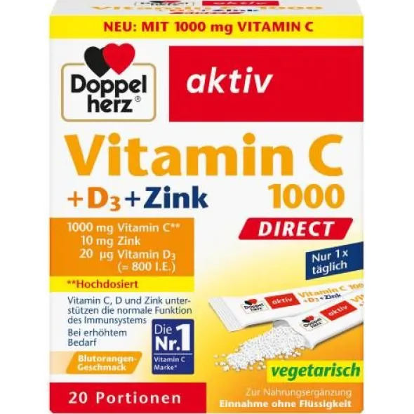 DOPPELHERZ Vitamin C 1000+D3+Zink DIRECT Pellets 20 St
