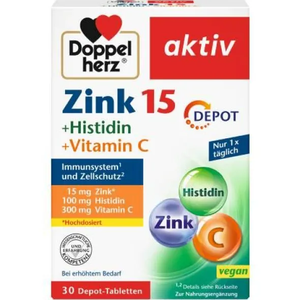 DOPPELHERZ Zink 15 mg+Histidin+Vit.C Depot aktiv 30 St